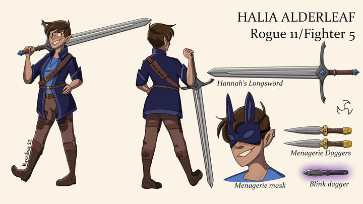 Character sheet image example, front and back full body art of a halfling woman and swords.